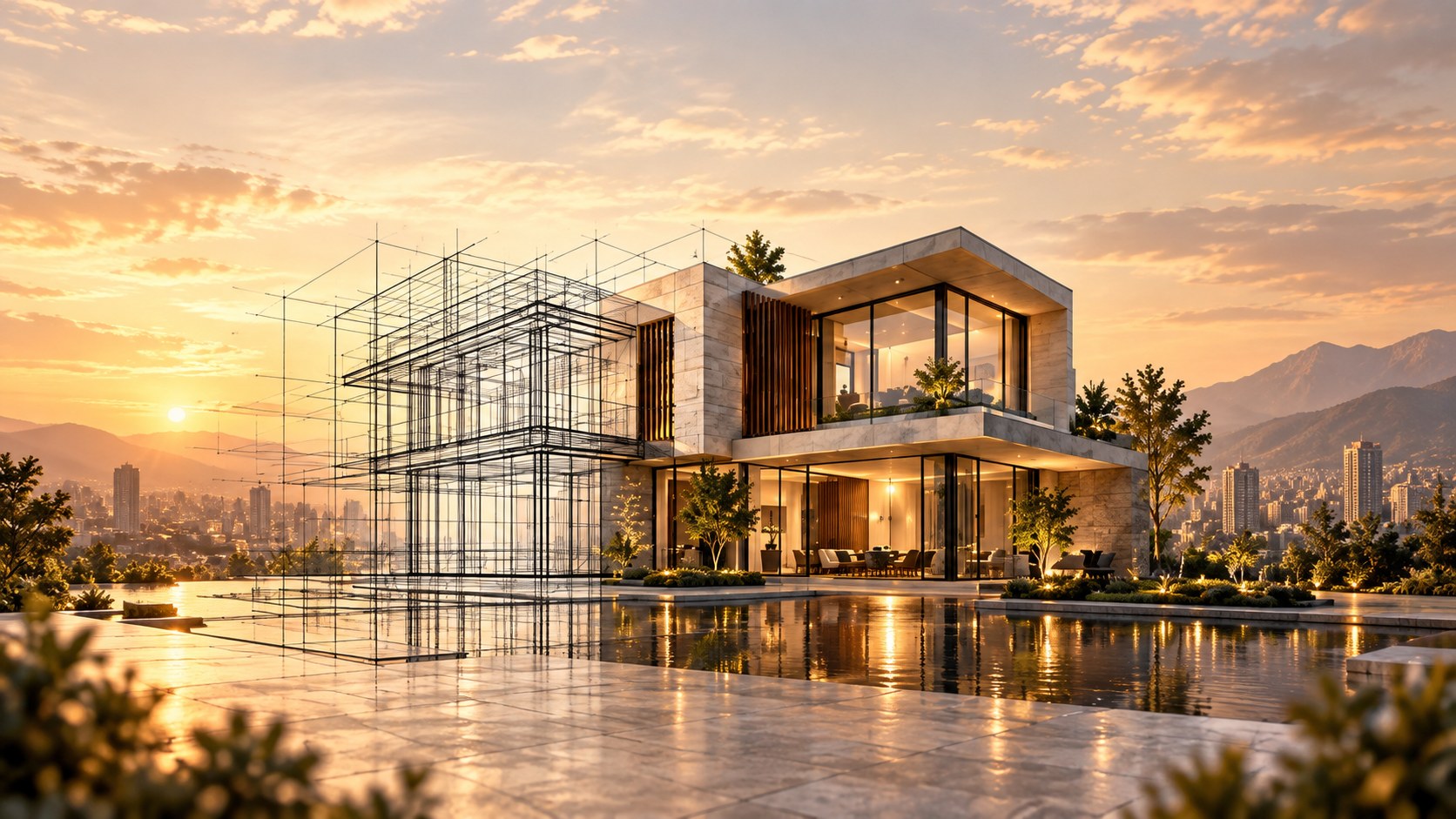 A modern house shown with its structural frame beside the finished rooms.