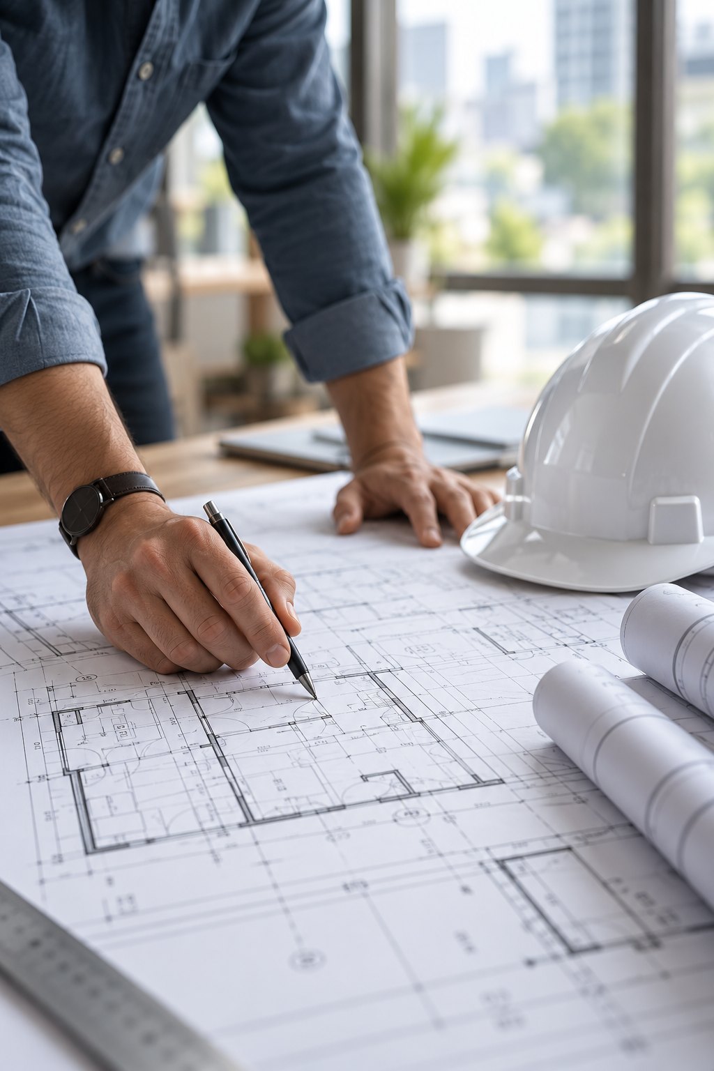 An engineer reviewing a floor plan, with drawings and a hard hat on the table.