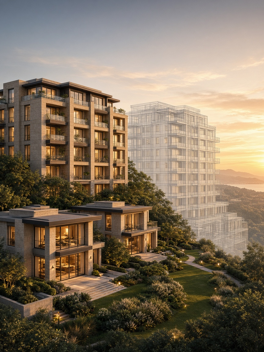A residential visualization of houses and an apartment building among trees.