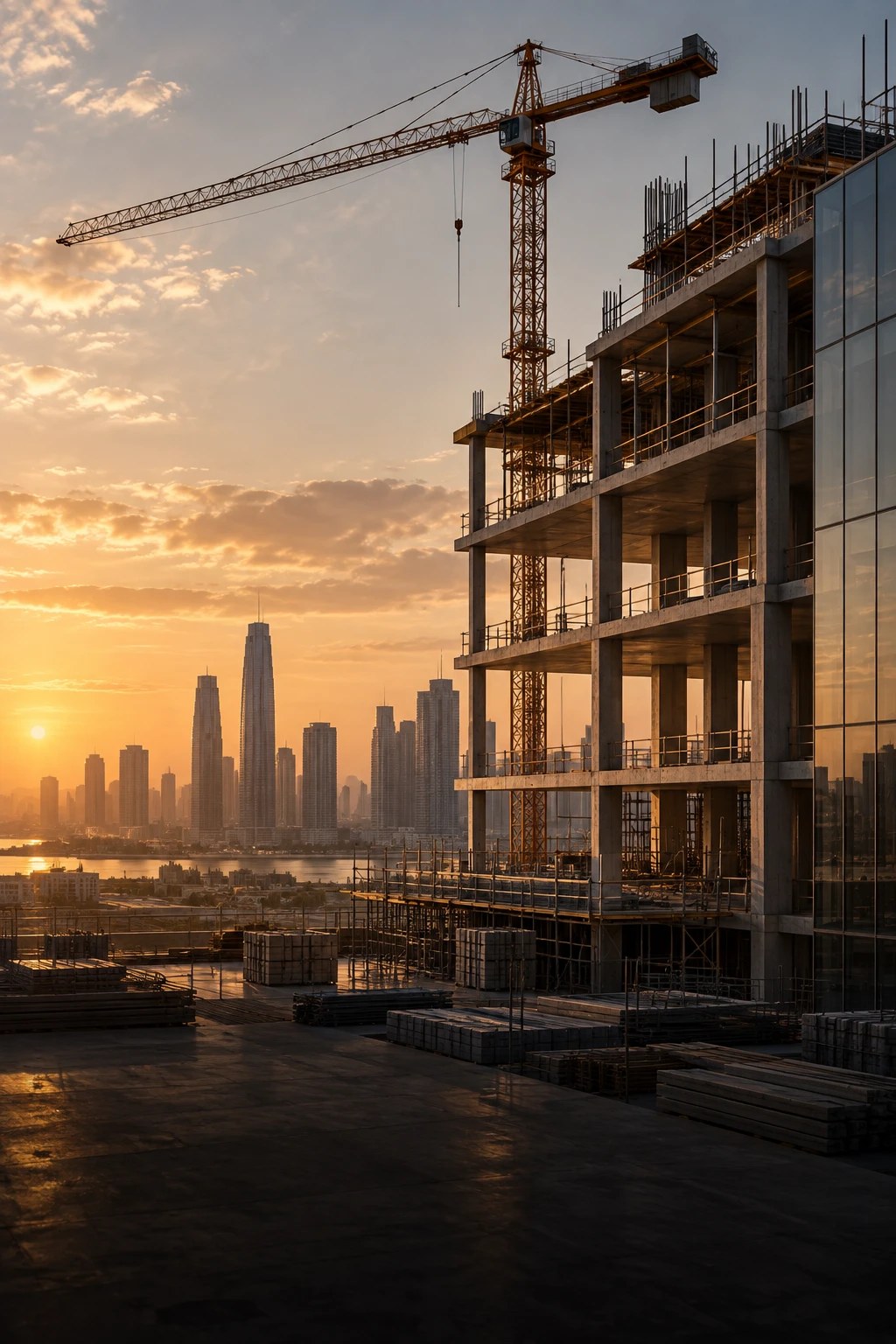 A concrete building frame and crane at sunset.