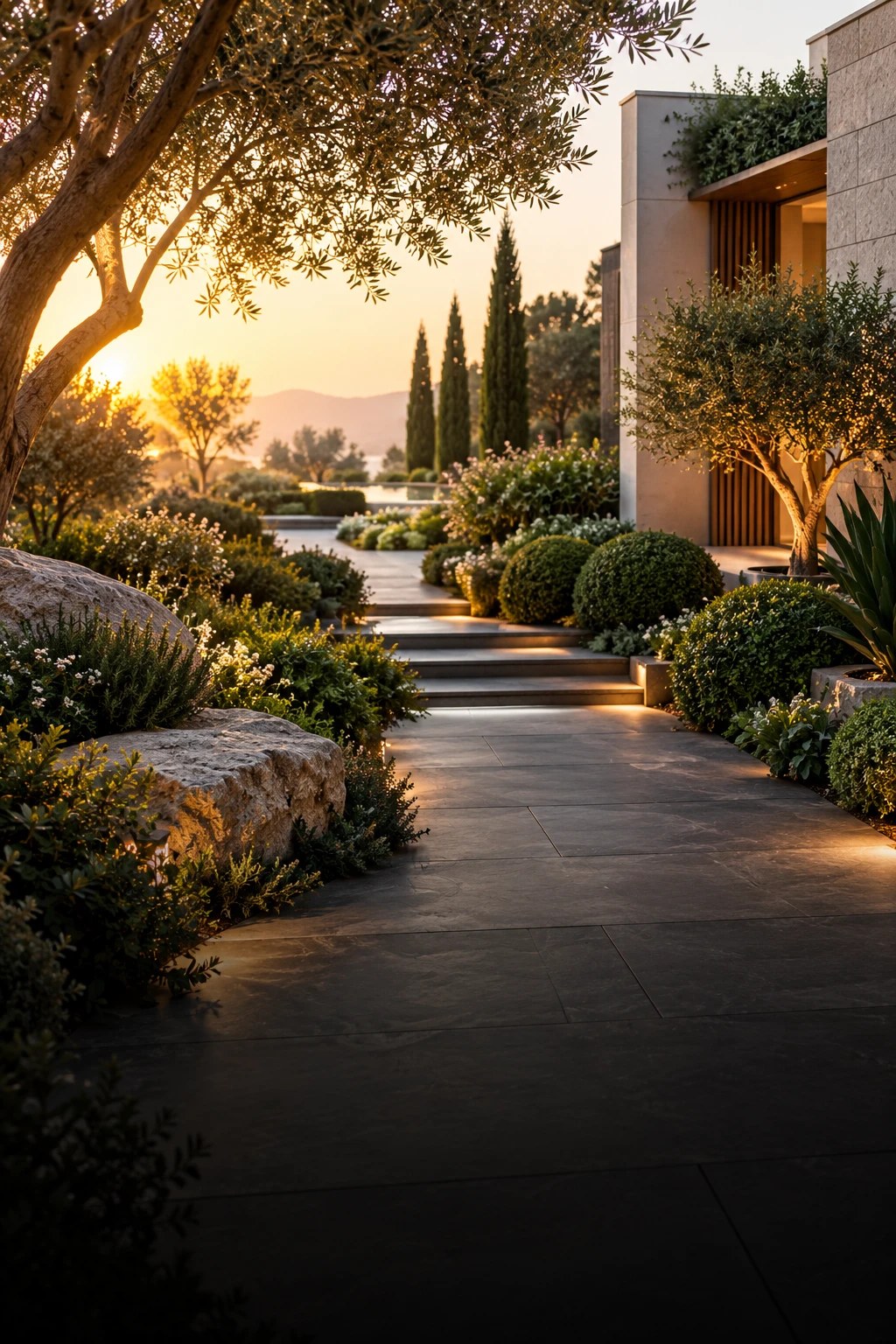 A stone path through a planted garden toward a modern house.